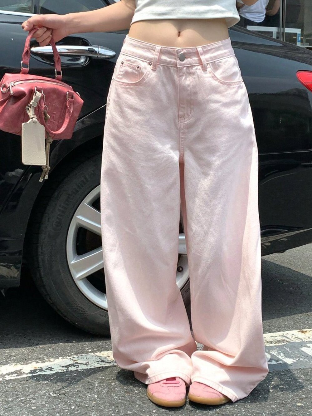 Pink Casual Women's Date Wear Wide Leg Straight Jeans - Picture 3 of 9